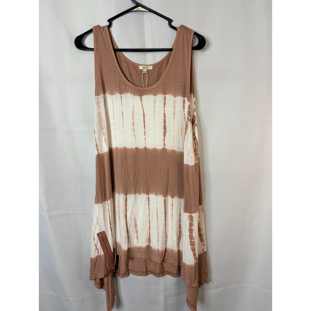 Kori America Tie Dye Dress Womens Large Brown Cream Sleeveless Scoop Neck A-Line